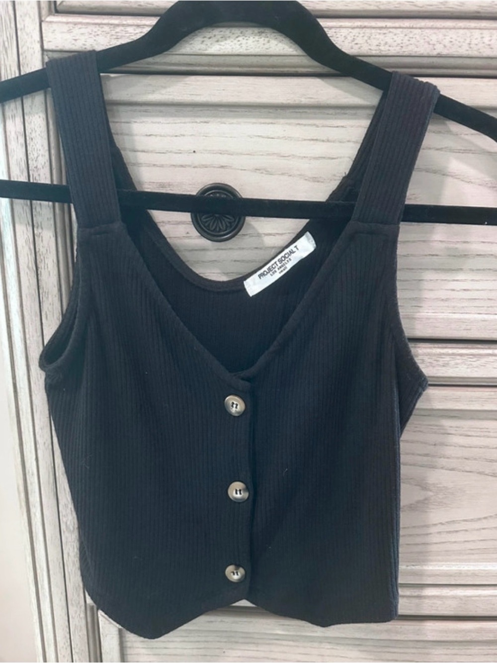 Project Social T Black Ribbed Button-Front Crop Tank